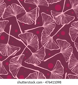 Vector seamless pattern design with hand drawn gingko biloba leaves, nature themed repeating background, elegant and trendy surface pattern for web and print purposes.