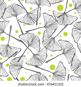 Vector seamless pattern design with hand drawn gingko biloba leaves, nature themed repeating background, elegant and trendy surface pattern for web and print purposes.