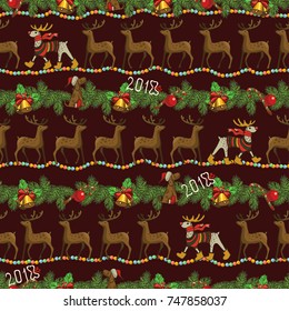 Vector seamless pattern design. Merry Christmas card decoration. Happy New Year design elements. Vintage ornament of deer, bell, ribbon and funny deer Rudolph on dark background.