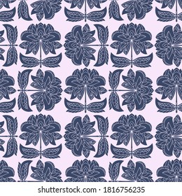 Vector seamless pattern design of ornamental lined blue silhouettes of flowers in art nouveau style. The design is perfect for backgrounds, textile, wrapping paper, wallpaper, decorations and surfaces