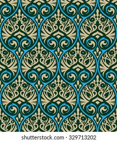 Vector seamless pattern design with ornamental geometric grid in an elegant color palette, abstract classical repeating background for all web and print use
