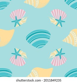 Vector seamless pattern design with pastel seashells and starfish from the beach and seashore for fabric, scrapbooking and wallpaper projects. Designed by Daania at deeyana83*yahoo.com
