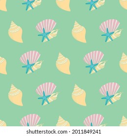 Vector seamless pattern design with pastel seashells and starfish from the beach and seashore for fabric, scrapbooking and wallpaper projects. Designed by Daania at deeyana83*yahoo.com
