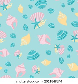 Vector seamless pattern design with pastel seashells and starfish from the beach and seashore for fabric, scrapbooking and wallpaper projects. Designed by Daania at deeyana83*yahoo.com
