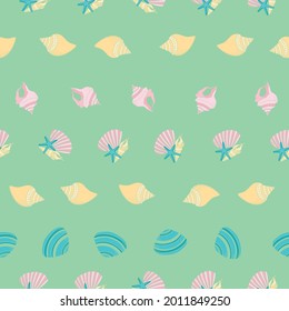 Vector seamless pattern design with pastel seashells and starfish from the beach and seashore for fabric, scrapbooking and wallpaper projects. Designed by Daania at deeyana83*yahoo.com
