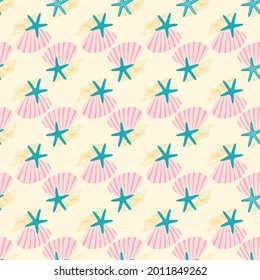 Vector seamless pattern design with pastel seashells and starfish from the beach and seashore for fabric, scrapbooking and wallpaper projects. Designed by Daania at deeyana83*yahoo.com
