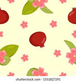 Vector seamless pattern design with pomgranate, green leaves and pale pink flowers
