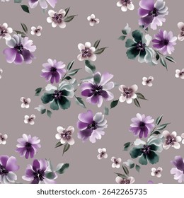 vector seamless pattern design, small medium comet flower arrangement pattern. green and violet color mix, for textile print ideas, or background images.