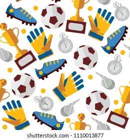 Vector seamless pattern design with soccer football player clothes, boots, cup and stopwatch on white background. 