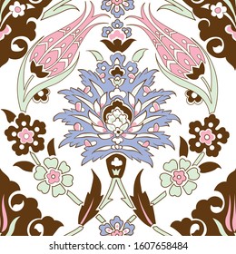 Vector seamless pattern design with traditional Turkish style Iznik tile ornaments, Islamic floral repeat background