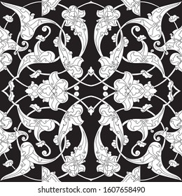 Vector seamless pattern design with traditional Turkish style Iznik tile ornaments, Islamic floral repeat background