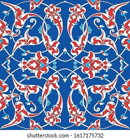 Vector seamless pattern design with traditional Turkish style Iznik tile ornaments, Islamic floral repeat background