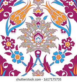 Vector seamless pattern design with traditional Turkish style Iznik tile ornaments, Islamic floral repeat background