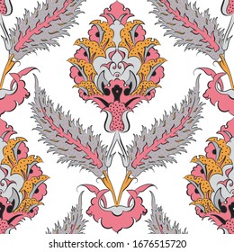 Vector seamless pattern design with traditional Turkish style Iznik tile ornaments, Islamic floral repeat background