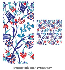 Vector seamless pattern design with traditional Turkish style Iznik tile ornaments, Islamic floral repeat background