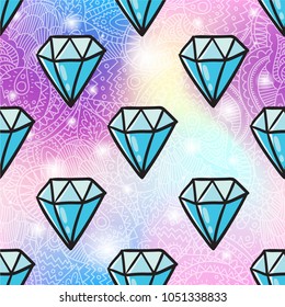 Vector seamless pattern design with trendy hipster shining diamond cartoon style illustration. Textile fashion wallpaper print design