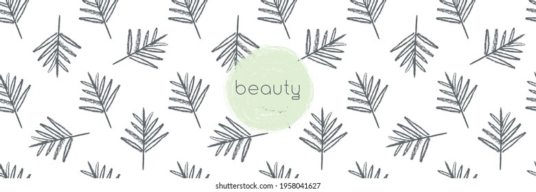 Vector seamless pattern design. Tropical background with palm leaves ornament. Floral graphics concept for tropical spa, beauty studio banner, botanical fabric backdrop, green tropical leaf pattern.