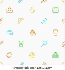 vector seamless pattern with dessert and cupcake icons color line style for bakery shop, cafe, restaurant, sweet, packaging wrapping paper. Baked background 10 eps