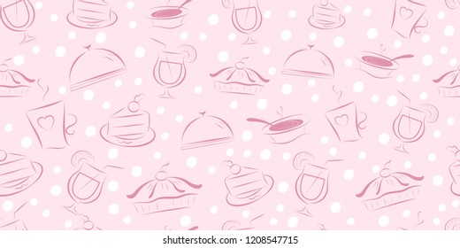 Vector seamless pattern with desserts, cakes, drinks, snacks. Vector food background. Culinary seamless pattern