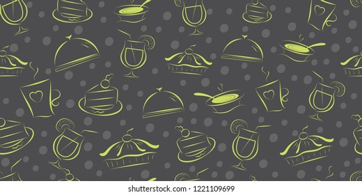 Vector seamless pattern with desserts, cakes, drinks, snacks. Vector food background. Culinary seamless pattern