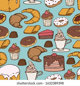Vector seamless pattern with desserts, candies, cakes, sweets, pie, cheesecake, muffin. Doodle style. Hand drawn vector illustration. Design for cafe menu, scrapbooking, textile, wrapping paper, 