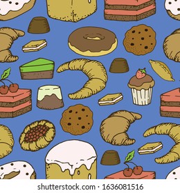Vector seamless pattern with desserts, candies, cakes, sweets, pie, cheesecake, muffin. Doodle style. Hand drawn vector illustration. Design for cafe menu, scrapbooking, textile, wrapping paper, 