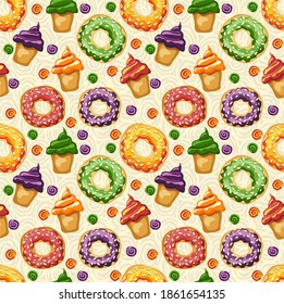 
Vector seamless pattern with desserts, donuts and cupcakes. Beautiful junk food sweets. Unhealthy food. Appetizing background