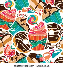 Vector seamless pattern. Desserts, muffins, cupcakes, candies, cheesecake, chocolate, coffee. Can use for birthday party decoration, wallpaper, gift wrap, menu, kitchen's decor.
