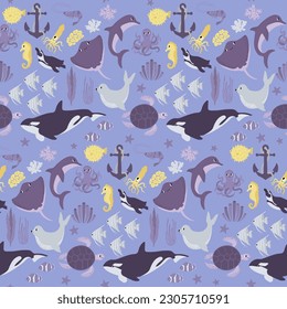 Vector seamless pattern with devil fish,orca,turtle,octopus,shrimp,seahorse,squid,penguin,seal.Underwater cartoon creatures.Cute ocean pattern for fabric, childrens clothing,textiles,wrapping paper