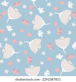 Vector seamless pattern with devilfish, starfish, algae.Underwater cartoon creatures.Marine background.Cute ocean pattern for fabric, childrens clothing,textiles,wrapping paper