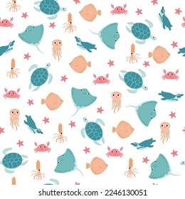 Vector seamless pattern with devilfish,crab,jellyfish,flounder,squid,penguin.Underwater cartoon creatures.Marine background.Cute ocean pattern for fabric, childrens clothing,textiles,wrapping paper