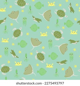 Vector seamless pattern with devilfish,crab,jellyfish,flounder,squid,penguin.Underwater cartoon creatures.Marine background.Cute ocean pattern for fabric, childrens clothing,textiles,wrapping paper