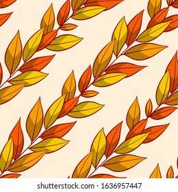 Vector seamless pattern with diagonal autumn leaves; foliage design for fabric, wallpaper, textile, wrapping paper, package, web design.