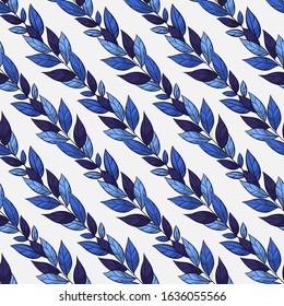 Vector seamless pattern with diagonal blue branches and leaves; unusual natural design for fabric, wallpaper, textile, wrapping paper, package, web design.