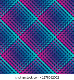 Vector seamless pattern with diagonal cross lines, rhombuses, squares. Retro 1980-1990's fashion style background. Abstract geometric design with colorful stripes. Neon turquoise and purple gradient