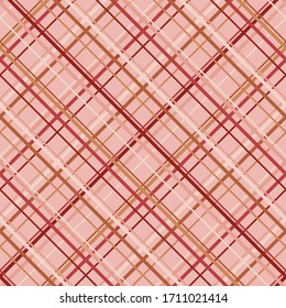 Vector seamless pattern with diagonal cross lines, stripes, square grid, lattice. Simple tartan plaid texture. Abstract colorful background. Pink, brown, red. Repeat design for textile, wallpapers