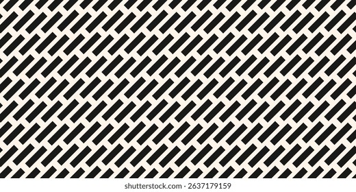 Vector seamless pattern with diagonal dash lines, rectangles, parallel stripes. Paving stones floor texture, brick wall. Abstract simple black and white  background. Repeat design for decor, wallpaper
