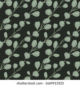 Vector seamless pattern with diagonal eucalyptus twigs on dark green background; natural design for fabric, wallpaper, packaging, textile, web design.