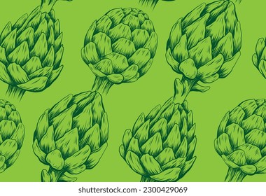 Vector seamless pattern with diagonal hand drawn artichokes on green background. Texture with sketch of cabbage healthy vegetables with hatching. Monochrome natural food background for wallpaper