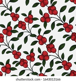 Vector seamless pattern with diagonal lingonberry twigs on white background; natural design for fabric, wallpaper, packages, wrapping paper, textile, web design.