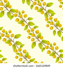 Vector seamless pattern with diagonal rowanberry twigs; natural berry design for fabric, wallpaper, wrapping paper, textile, web design.