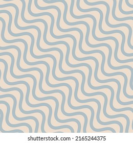 Vector seamless pattern with diagonal wavy lines, smooth stripes. Simple minimal background in muted blue and beige color. Abstract curvy texture. Retro vintage style. Design for decor, wallpapers