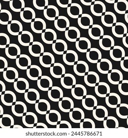 Vector seamless pattern with diagonal wavy shapes, chain, curved lines. Simple black and white geometric texture. Endless abstract monochrome background. Repeated geo design for print, textile, cover