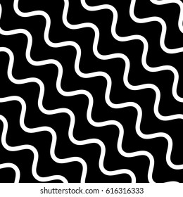 Vector seamless pattern, diagonal wavy lines, smooth bends. Simple monochrome black & white background, dark geometric repeat texture. Design element for prints, furniture, fabric, home decor, cover