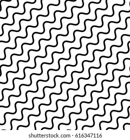 Vector seamless pattern, diagonal wavy lines, smooth bends. Simple monochrome black & white background, geometric repeat texture. Design element for prints, decoration, textile, digital, furniture
