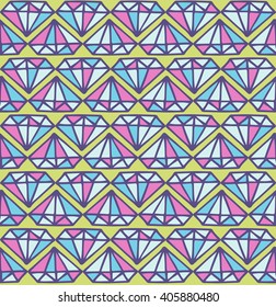 Vector seamless pattern with diamond stones, hand drawn look. Abstract background with colorful gemstones.