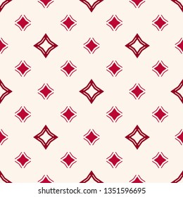 Vector seamless pattern with diamonds, stars, rhombuses. Simple geometric background in red and white color. Abstract minimalist texture. Elegant repeat design for decor, fabric, textile, gift paper