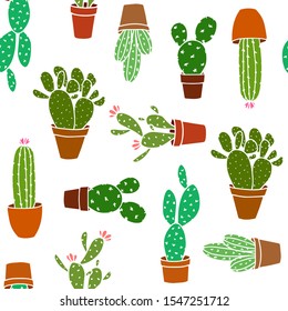 Vector seamless pattern with diferent cactus. Hand drawn cactus in a pot