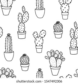 Vector seamless pattern with diferent cactus. Hand drawn line cactus in a pot