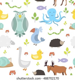 Vector seamless pattern with different animals: parrot, hedgehog, snake, goose, duck, octopus, moose, fish, sheep.